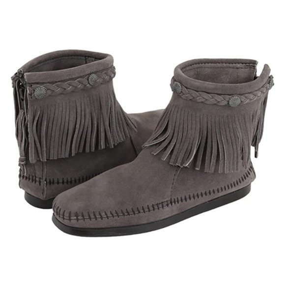 Minnetonka Shoes - Minnetonka Suede Fringe Ankle Booties Grey